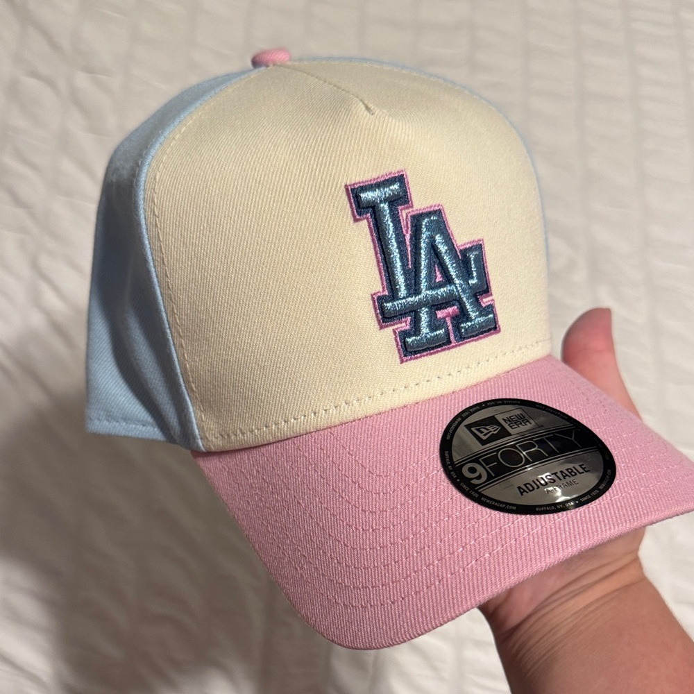 LA Embroidered Women's Cap in Cream, Pink, and Blue